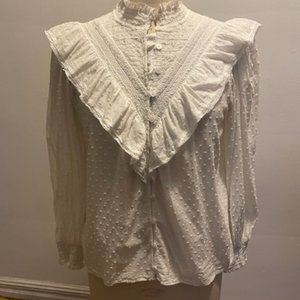 Sezane (Paris) "Marty", romantic high neck blouse with ruffle in off white